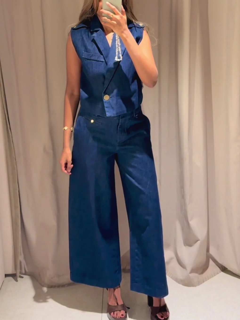 

Женский джинсовый жилет в стиле ретро, брючный костюм, укороченный топ без рукавов с одной пуговицей, прямые широкие брюки, летний модный костюм