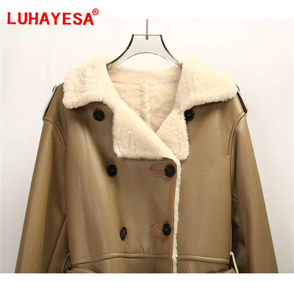 2024 Spain Merino Sheepskin Fur Coat Women Casual Long Double Breasted Winter Warm Fur Outerwear