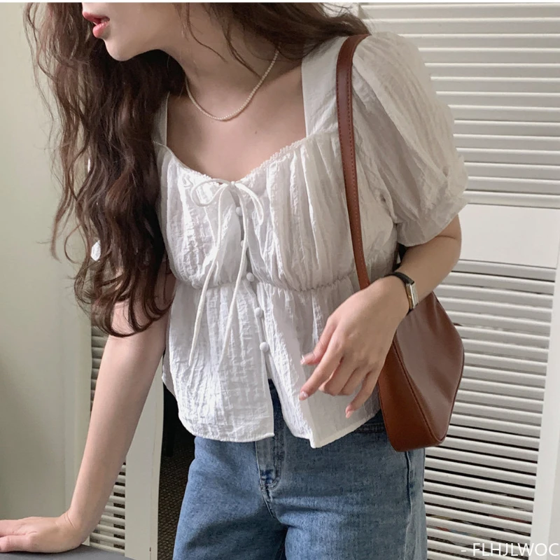 New Cute Chic Doll Design Crop Tops Hot Women Summer 2024 Korea Japan Style Retro Vintage Solid White Button Short Shirt Blouse