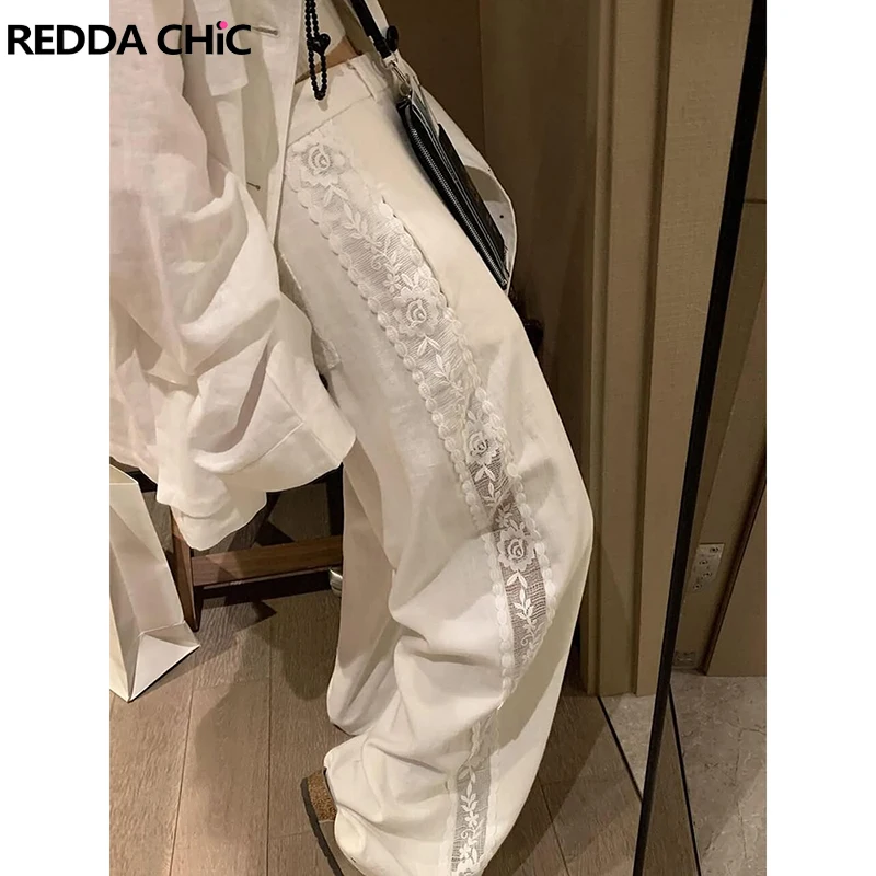 

ReddaChic, хлопковые белые брюки-палаццо, летние повседневные прозрачные кружевные брюки с цветочным принтом, широкие брюки с высокой талией, корейская женская одежда