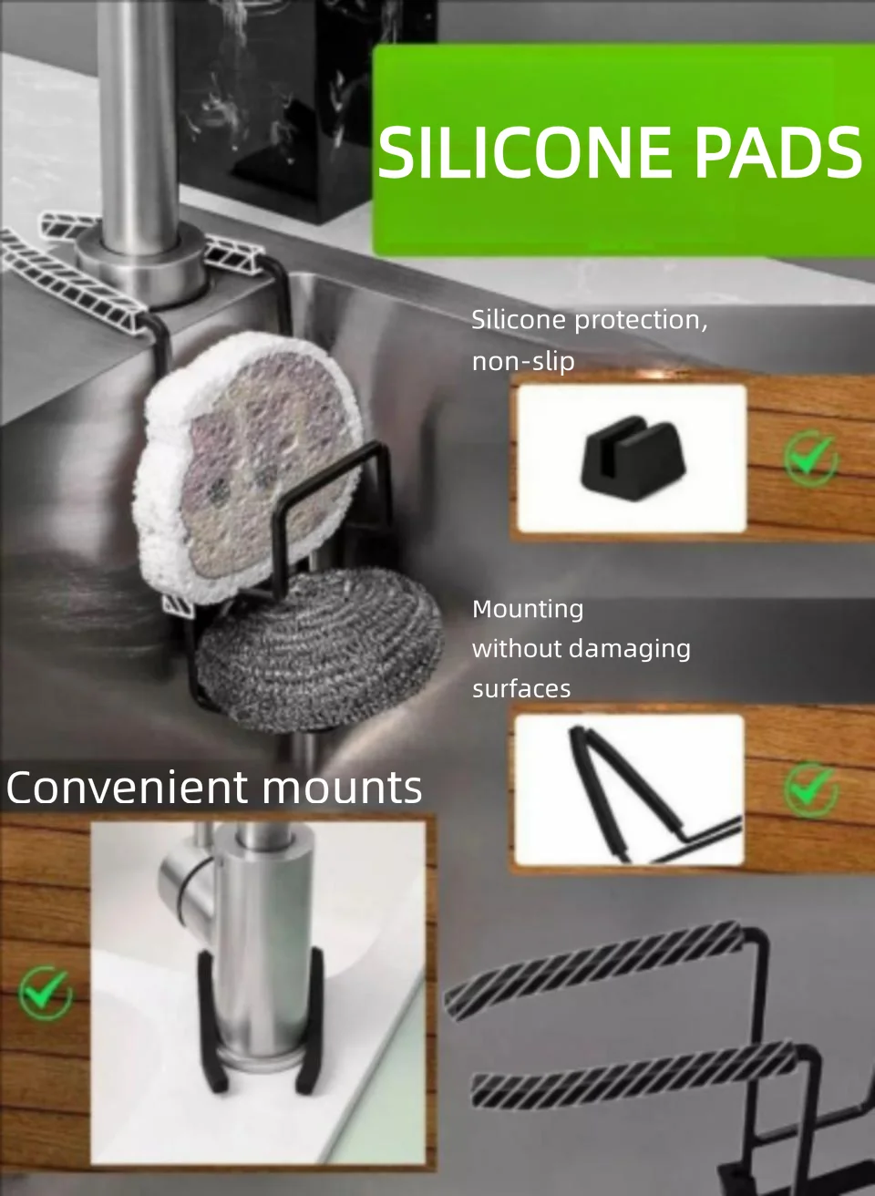 Black Faucet Sponge Holder, No Drilling Kitchen Sink Organizer for Sponge Soap Rag, Rustproof Hanging Caddy, Space Saving