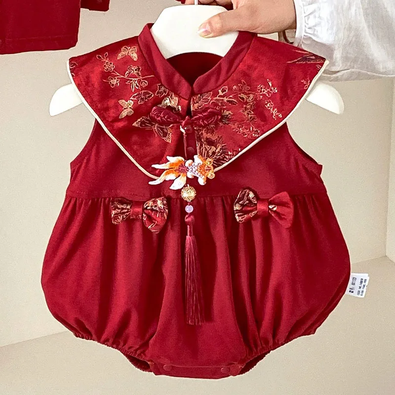 

Summer Newborn Girls Clothes Cartoon Cute Chinese New Year Birthday Red Embroidery Sleeveless Baby Bodysuits And One-Pieces B307