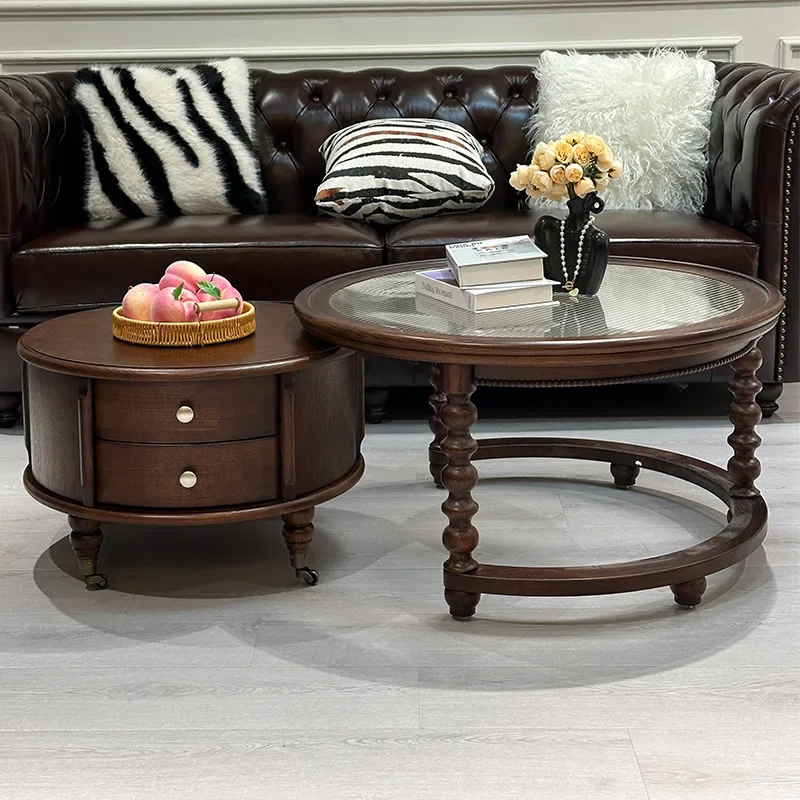 French retro round red oak solid wood coffee table TV cabinet combination living room household American small apartment