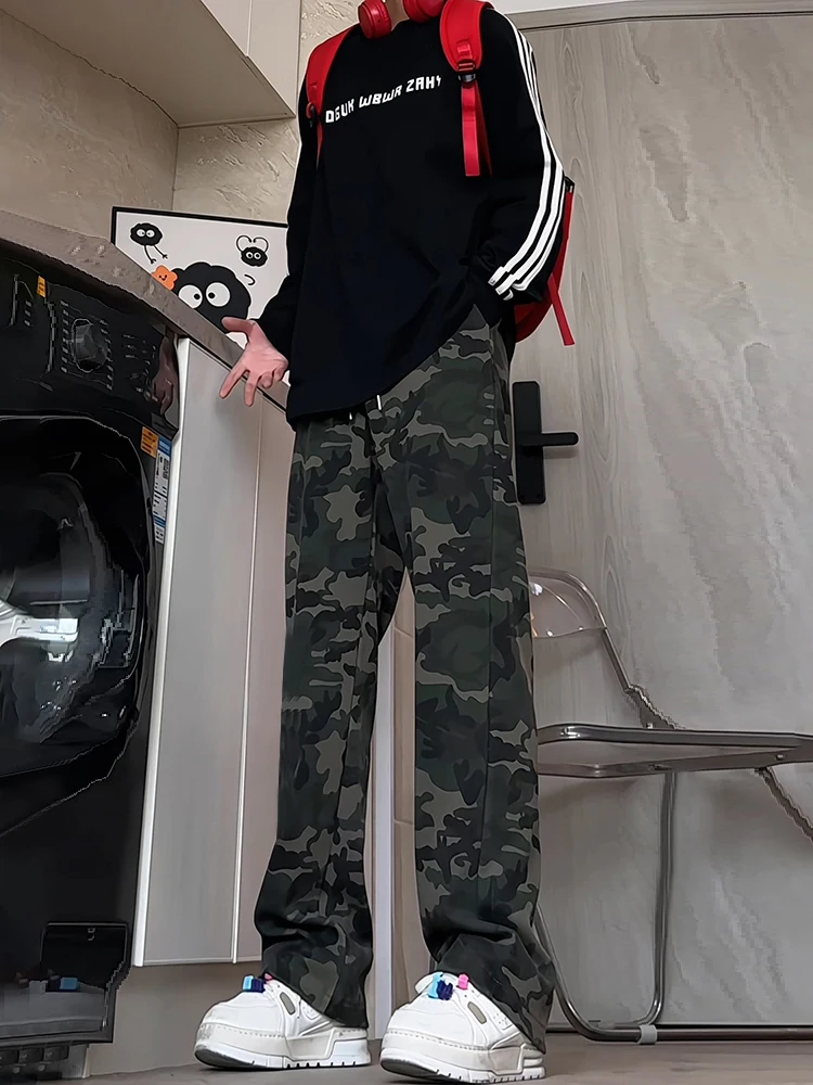 

Cool Straight Leg Men's Camouflage Sweatpants Autumn Fashion Teens Pants Drapey Loose Fit Sporty Flared Trousers