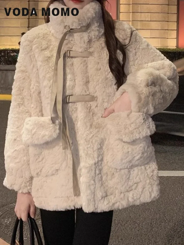 Stand Collar Sweet Knit Lamb Plush Faux Fur Coats Women 2024 Winter New Loose Thick Warm Solid Tops Versatile Academic style