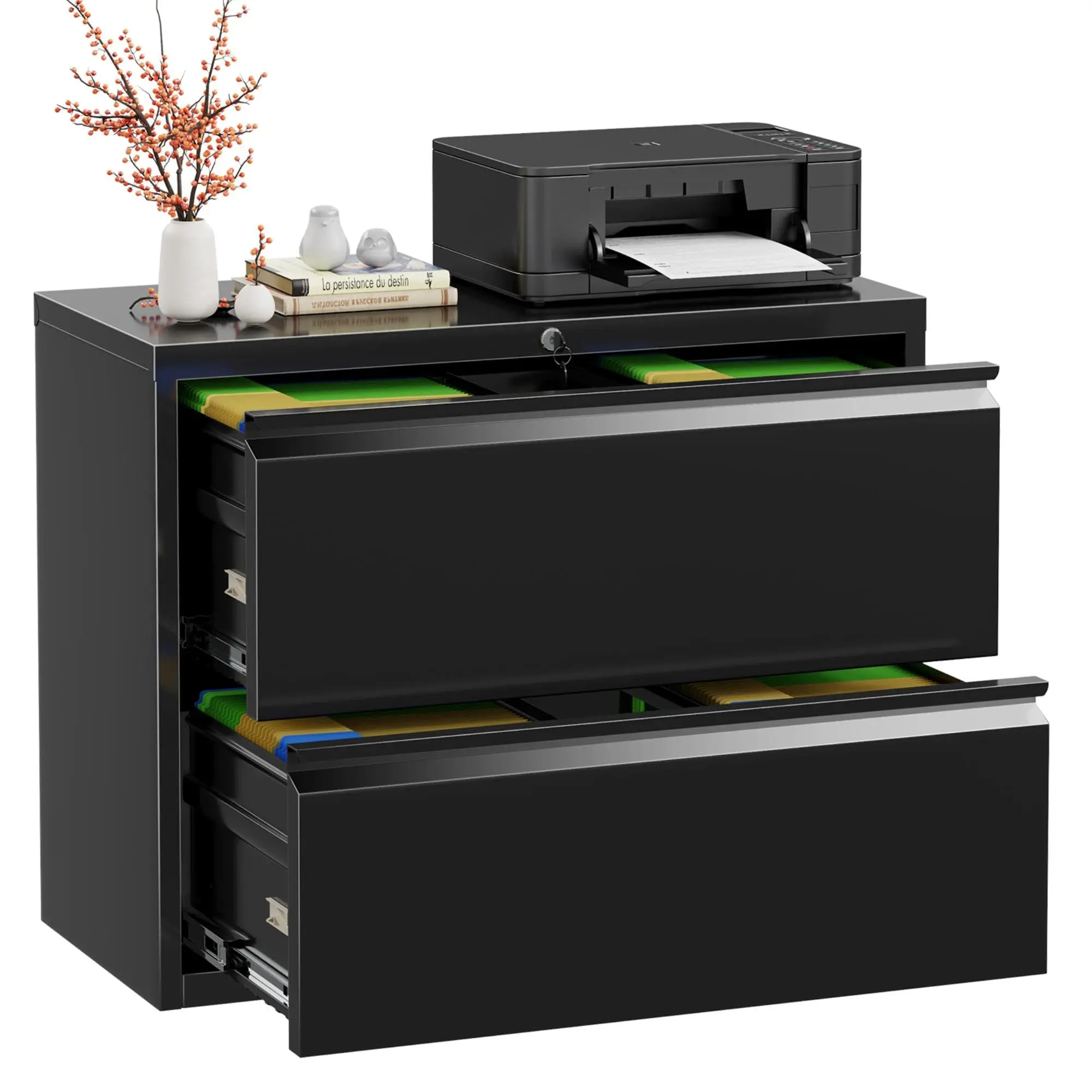 Lateral File Cabinet 2 Drawer, Black Metal File Cabinets for Home Office, Locking File Cabinet for Letter/Legal/F4/A4