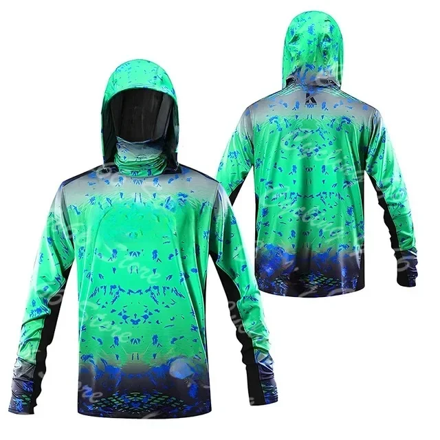 Men 3D Print Hooded Fishing Shirt Polyester Long Sleeve Sun Protection Top With Built In Face Cover