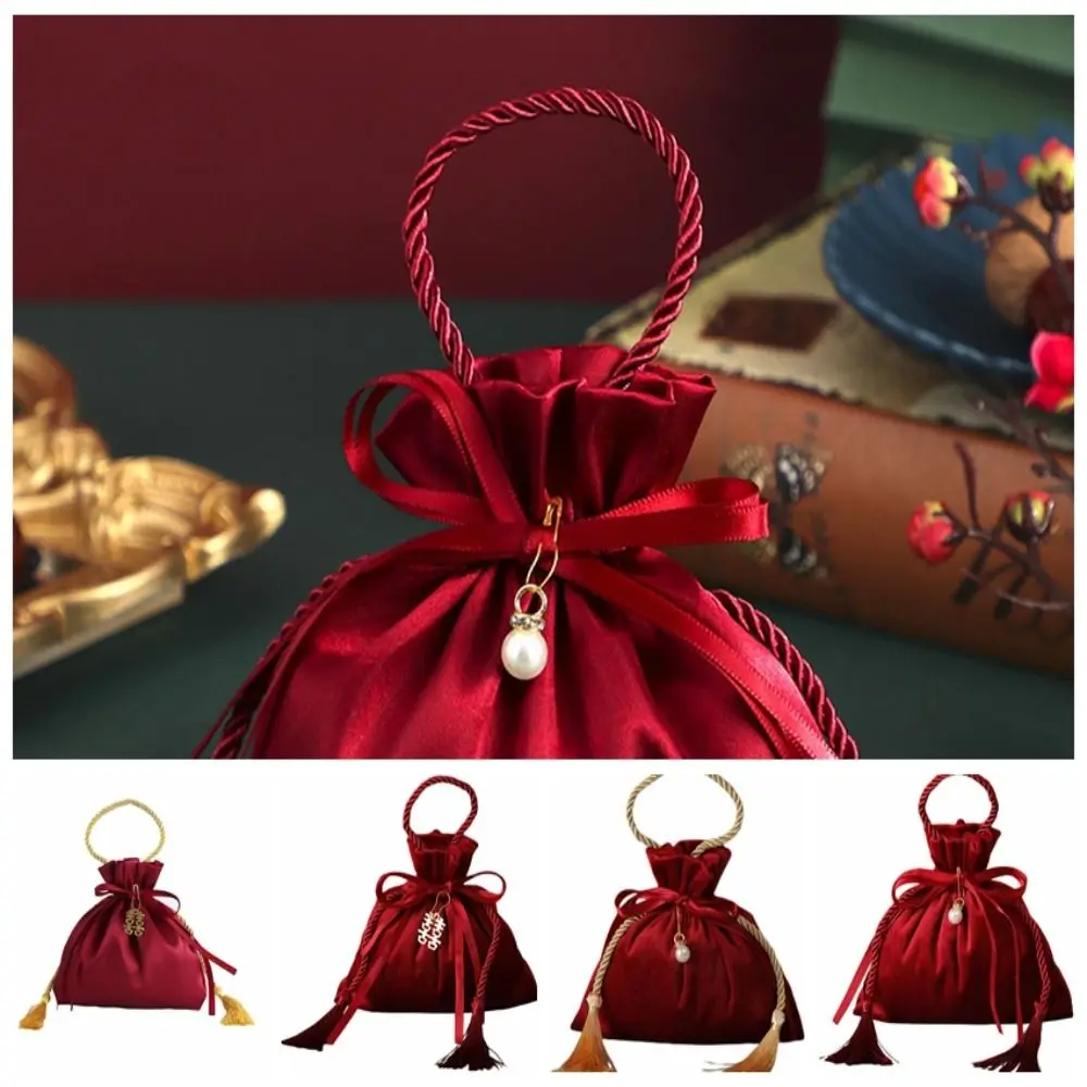 Velvet Drawstring Candy Bag Non-woven Fabrics With Drawstring and Tassels Flannel Gift Bag Exquisite Wine Red