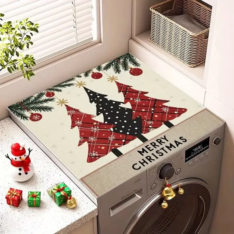 VIKAMA Merry Christmas Buffalo Plaid Tree Washing Machine Cover Mat Rustic Farmhouse Dryer Protector Pad Non Slip Holiday Decor