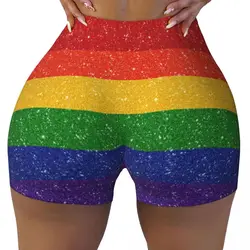 Custom Faux Glitter Rainbow Pride Flag Gym Running Volleyball Shorts Women LGBT Gay Lesbian Workout Yoga Shorts