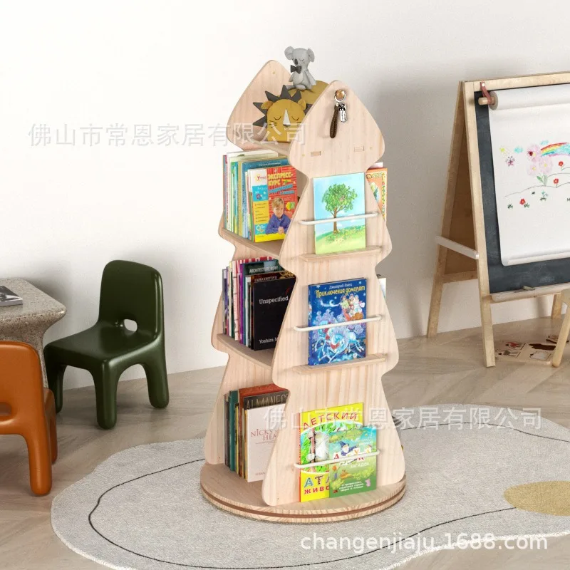 Solid wood children's rotating bookshelf picture book rack baby toys multi-layer storage rack household space-saving floor