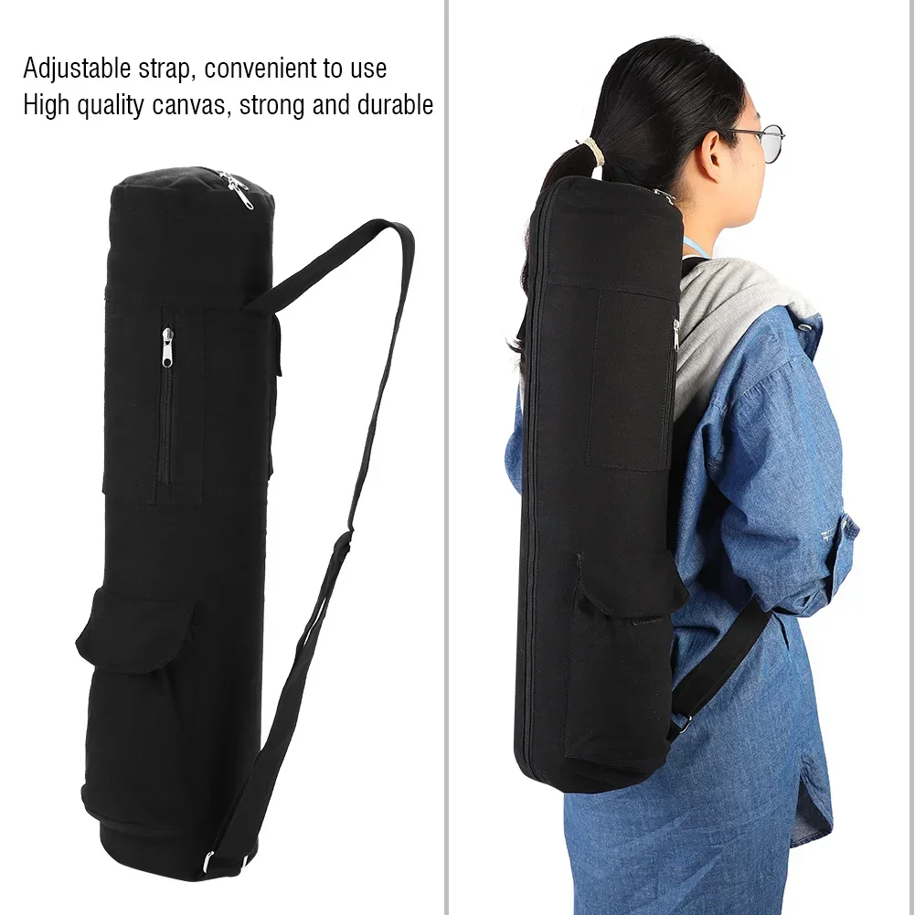 Multifunctional Black Canvas Yoga Mat Storage Bag Carrier Backpack With Adjustable Strap