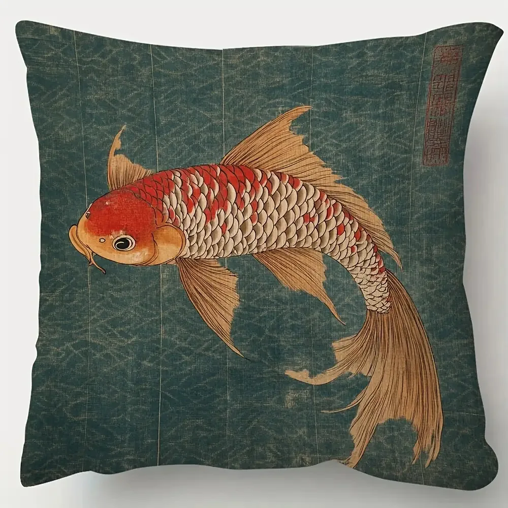 Traditional Japanese Koi Fish Decorative Pillowcase, Artistic Oriental Pattern Cushion Cover for Sofa Bedroom Office Decor