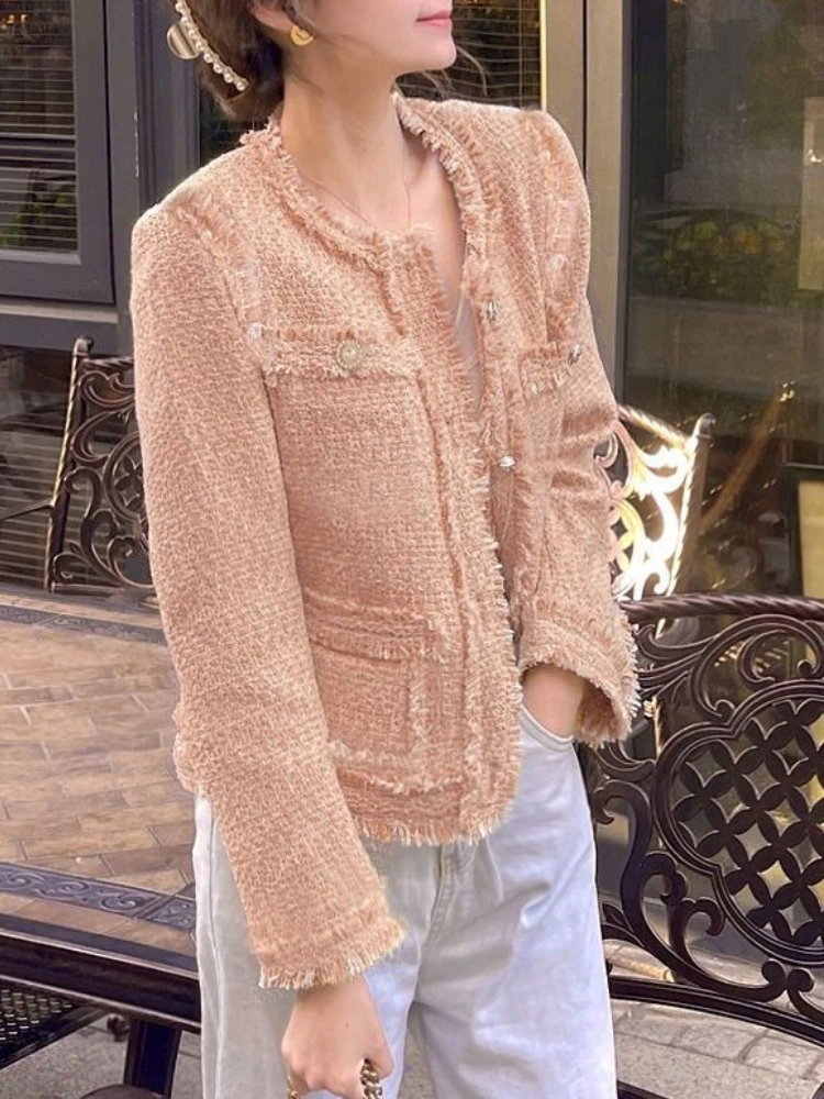 

New in Vintage Fashion Tweed Short Jackets Tops Women Elegant O-neck Single Breasted Casual Classic Long Sleeve Coats Jackets