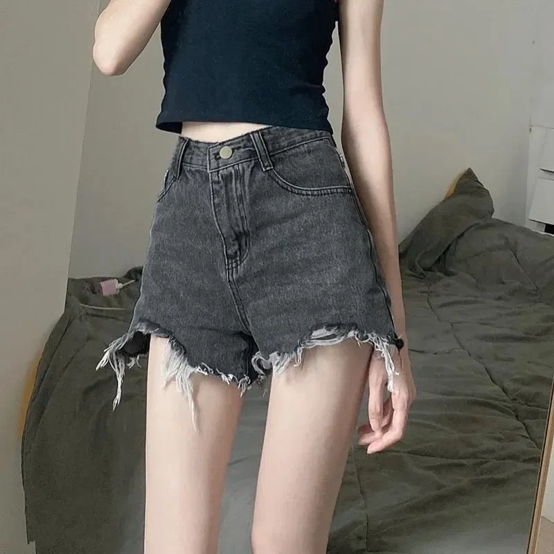 

Y2K Summer Ragged Denim Shorts Women's A-line Thin High Waist Straight Sleeve Spicy Girl Loose Wide Leg Beach Casual Jeans