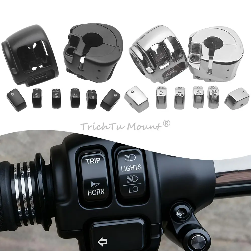 

1 комплект корпусов переключателей управления на руле, кнопки-колпачки, хромированного или черного цвета, подходят для Harley, более прочные, высококачественные корпуса