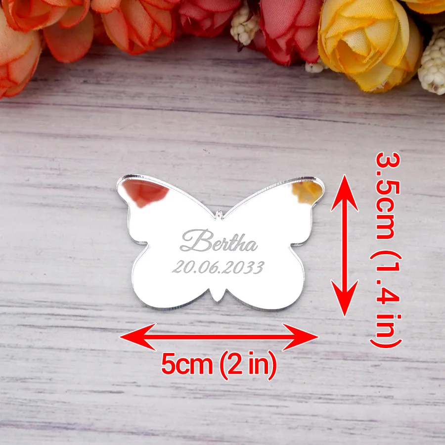 20pcs Small Butterflies Customized Acrylic Mirror Tags Personalized Guest Gift Wedding Party Baby Shower Favors DIY Accessory