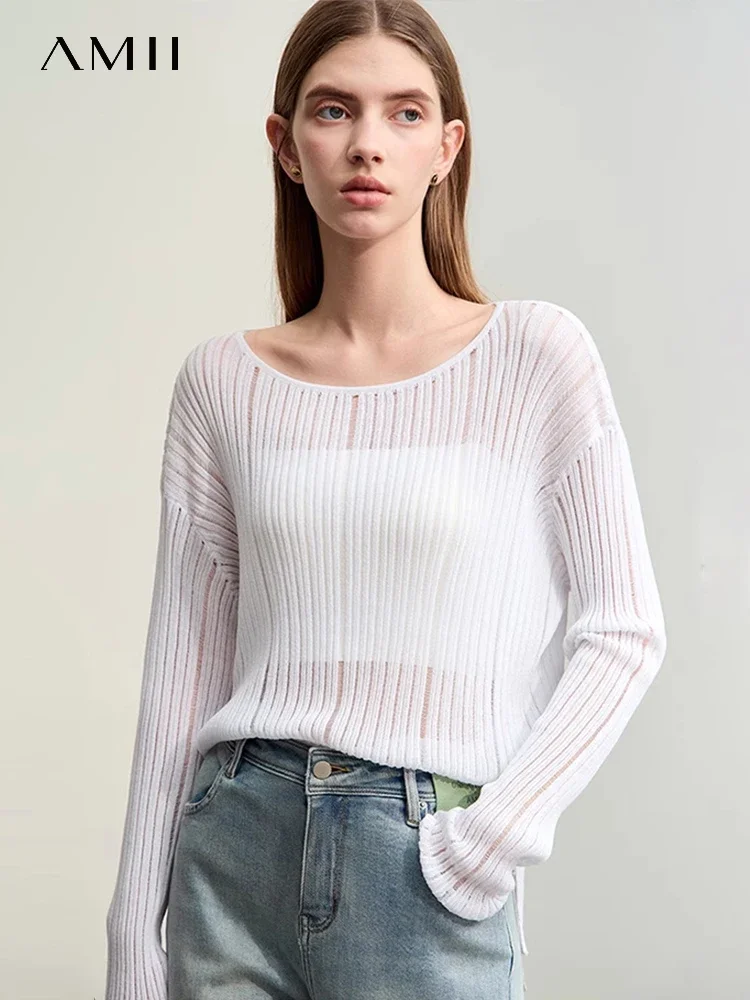 AMII Minimalism Knitwears For Women 2024 Spring Tops New Loose O-Neck Hollow Out Jacquard Sweater Casual O-Neck Blouse 12451072