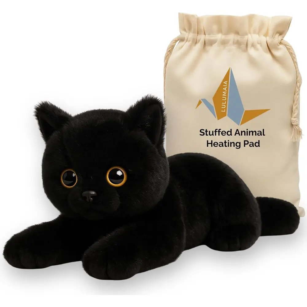

Microwavable Cramp Relief Heating Pad with Stuffed Animal for Neck & Shoulders - Stress Relief Gift Set in Black Cat Canvas Bag