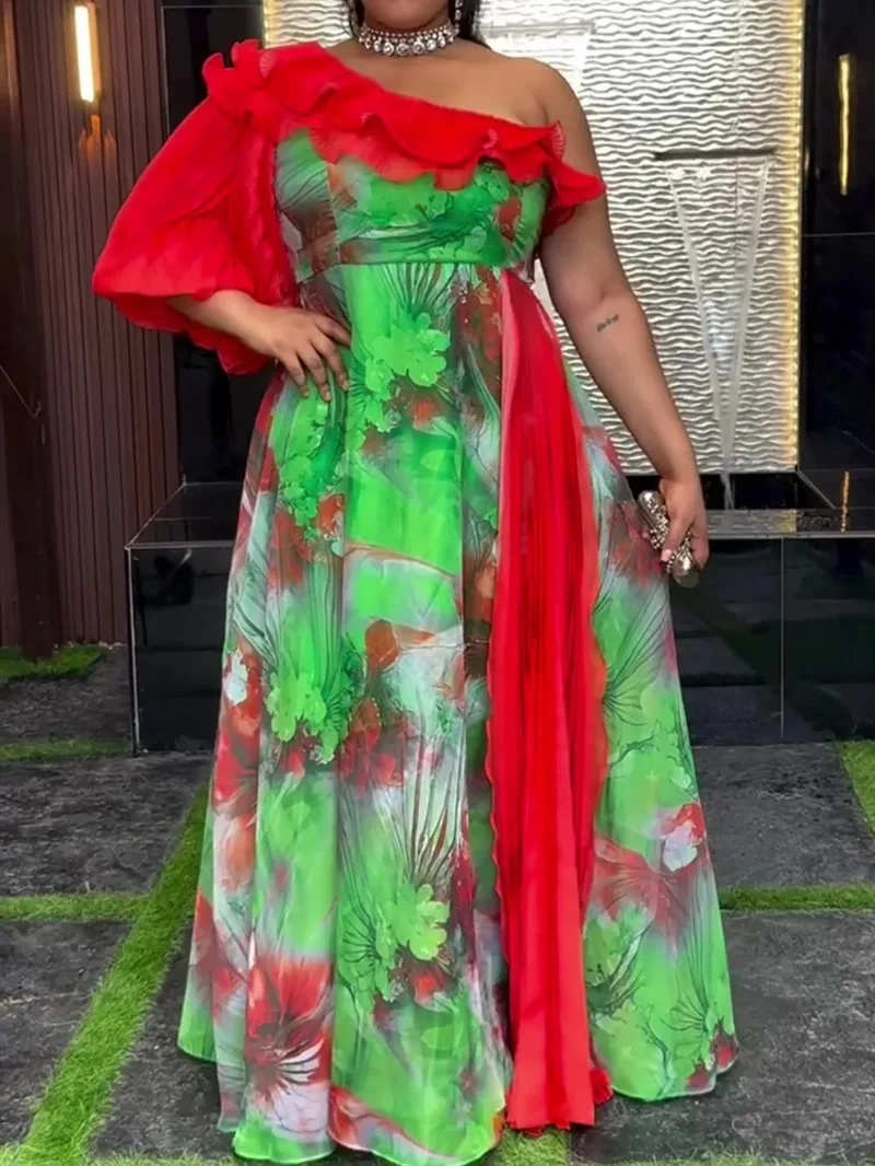 

Elegant African Dresses for Women One Shoulder Print Chiffon Evening Party Long Dress Plus Size Turkey Muslim Maxi Robe 2026