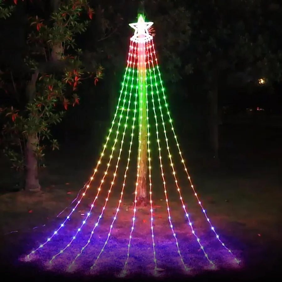 RGB LED Stars Waterfall Fairy Lights Outdoor Smart App Control Christmas Garland String Lights for Garden Party New Year Decor