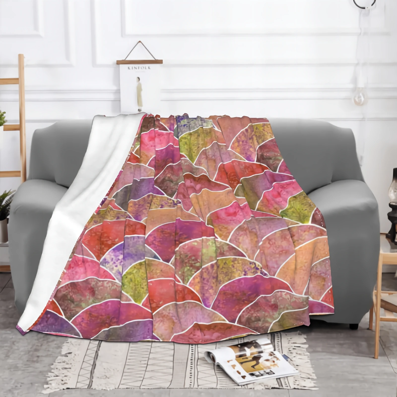 Fish Scale Ocean Wave Japanese Blanket Watercolor Geometrical Scale Shaped Elements Blanket Soft Cozy Plush Microfiber Throws