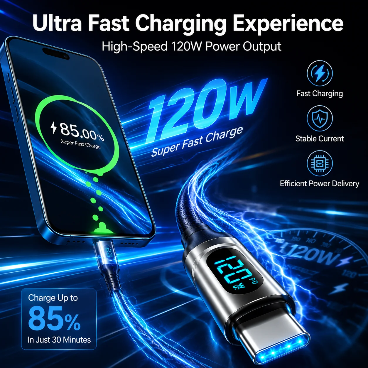 120W Super Fast Charging USB C Cable LED Display PD Charger Cord for iPhone 15 16 17 Xiaomi Huawei Samsung