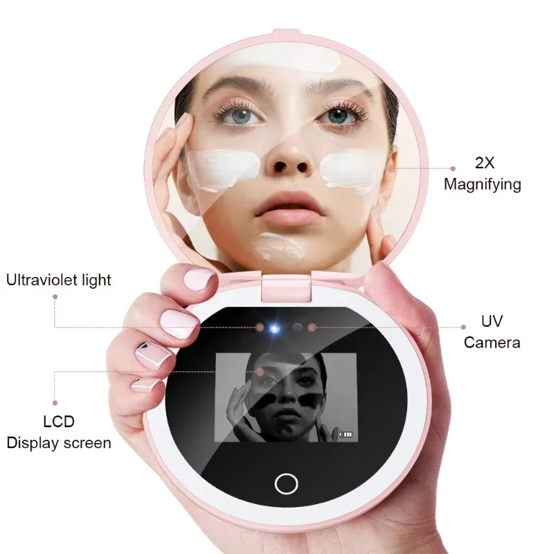 

Detection Magic Smart Portable Light Emitting Diode Sunscreen UV Camera Mirror Makeup Mirror with 2x magnifying glass