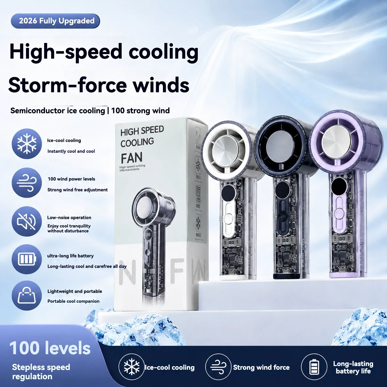 New handheld ice cream fan with digital display and 100 speed regulation, transparent mecha fan, exquisite, compact and portable