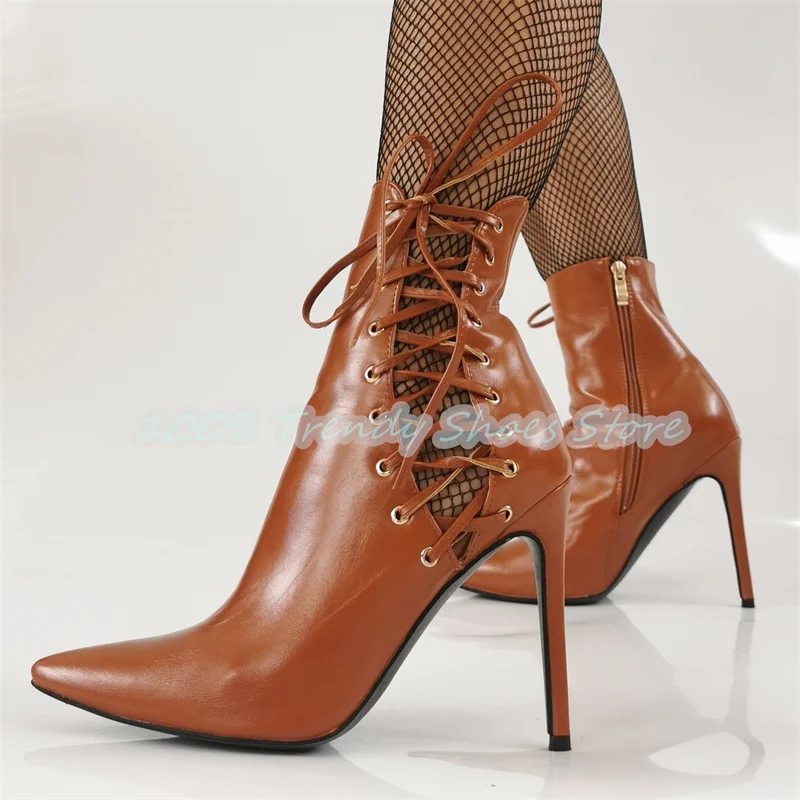

Sexy Hollow-Out Cross-Tied Strap Women Chelsea Boots Pointed Toe High Heel Ankle Boots Lady Catwalk Dress Short Boots