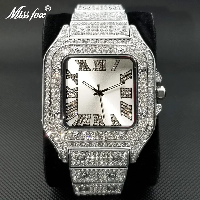 Ultrathin Fashion Crystal Male Watch Luxury Diamond Bracelet Wristwatch Square Full Ice Out Bling Watches For Men Hip Hop Rapper