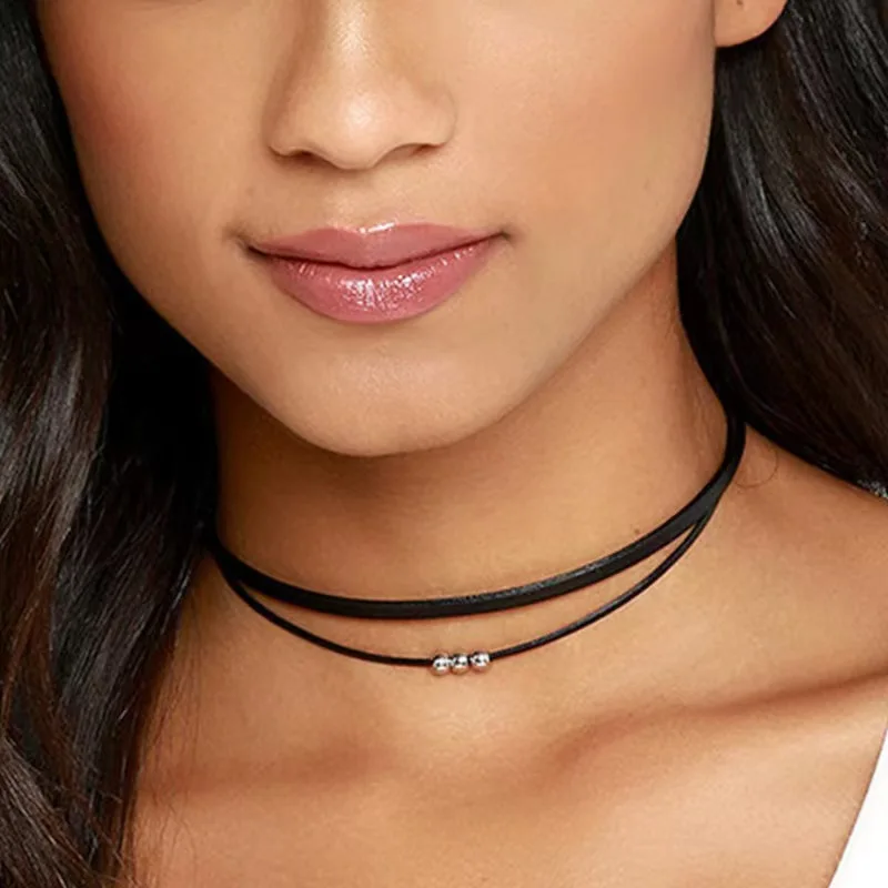 Choker Layers Necklace Black Pu Belt with Moon Oxford Fish Tail Pendant Bead Charm  Square Cube Extended Metal Chain
