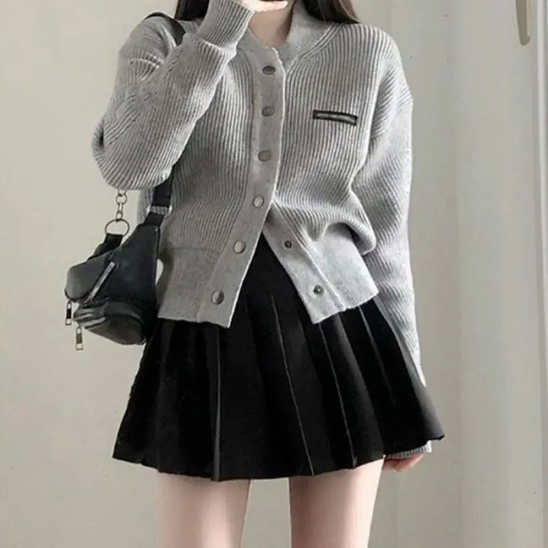 Grey z dzianiny w stylu Casual sweter damski podstawowy długi sweter z rękawem topy koreańska moda elegancki sweter czysty kolor 2023 jesienny