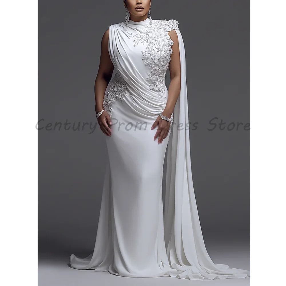 

White Mermaid Evening Dress Luxury Lace Applique Cape Draped Formal Wedding Guest Prom Gown for Women