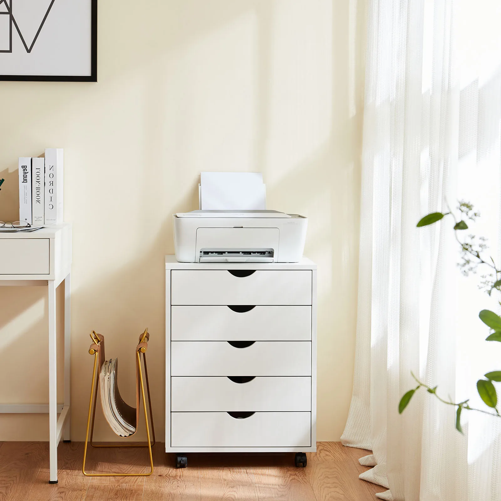 

JHK 5 Drawer Chest Mobile Storage Cabinets Small Wooden Dresser with Wheels Room Organization Furniture Office Home White Wood