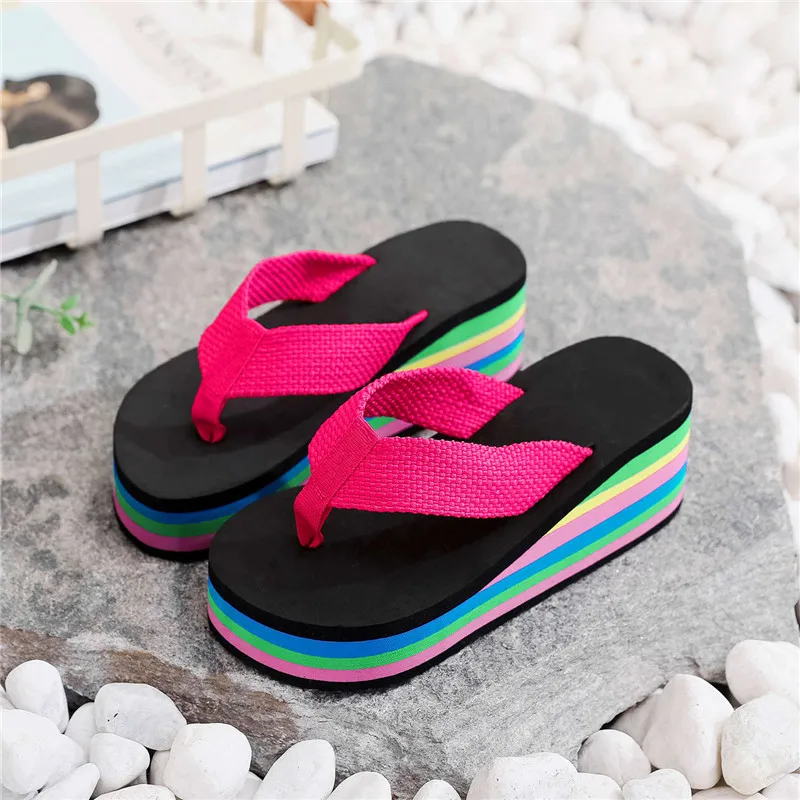 Fashion Women\'s Rainbow Thick Bottom Summer Slippers High-Heeled Colorful Flip Flops for Casual Beachwear Female Outdoor Shoes