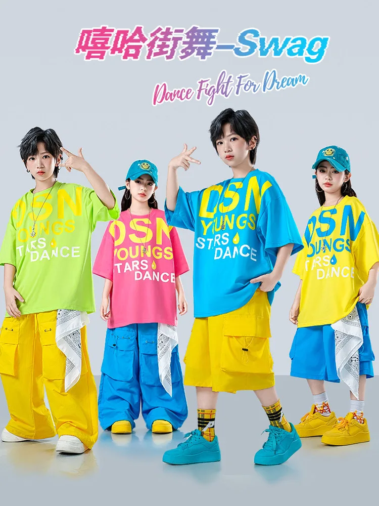 Boys Girls Oversized T-Shirt Color Block Cargo Pants Jazz Competition Group Stage Costume Kids Hip Hop Street Dance Outfits