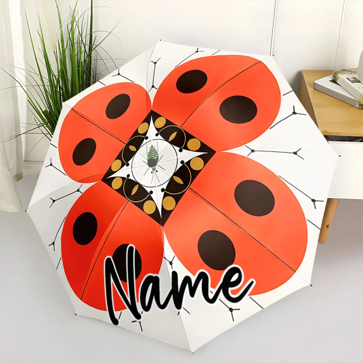 Custom Name Ladybug Patterned Umbrella Design Print 8 Iron Ribs Folding Umbrella, Auto-Open Fashion Sunshade