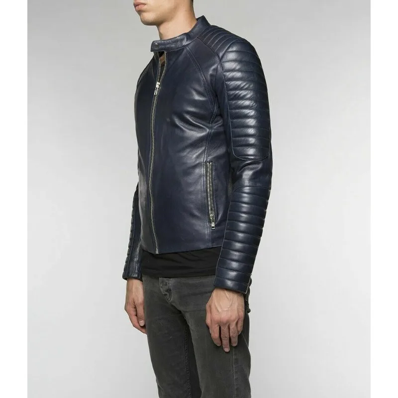 Men's Smooth Leather Navy Jacket Rider Leather Fashion Jacket Fashionable Trend