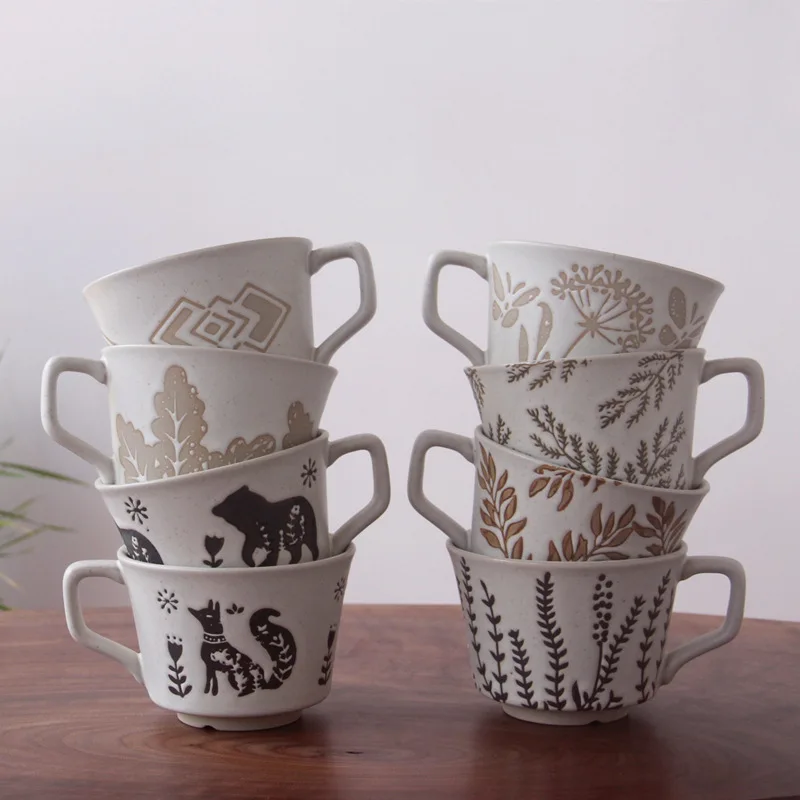 Household Retro Ceramic Mug Nordic Rough Pottery with Handle Coffee Mugs Breakfast Milk Juice Cups Animal Pattern Cup