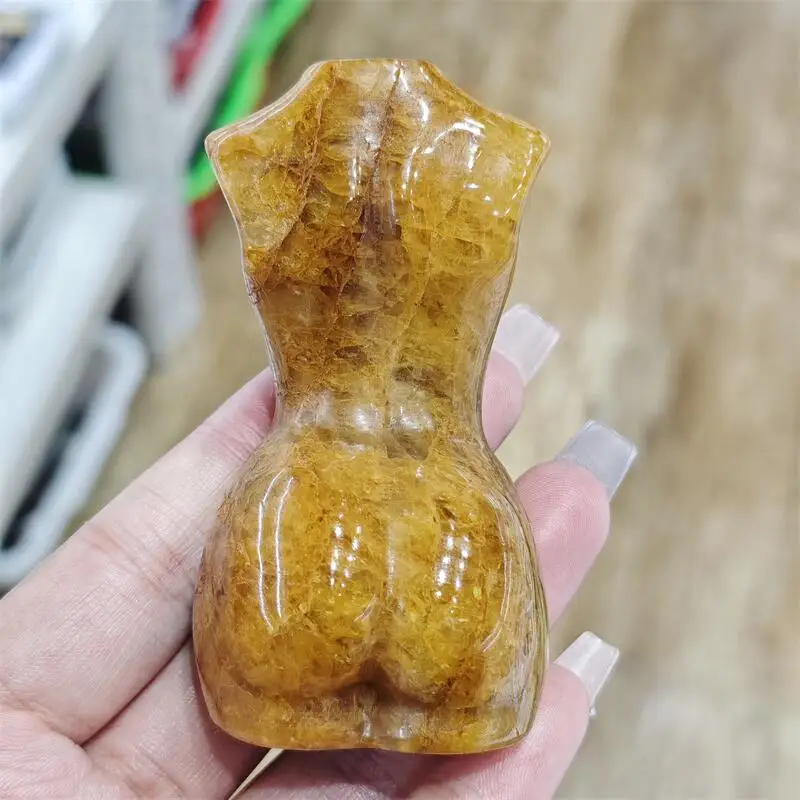 Natural Yellow Fire Quartz Hematoid Lady Body Carving Healing Crystal Gemstone Collectible Home Decoration Gift 1PCS