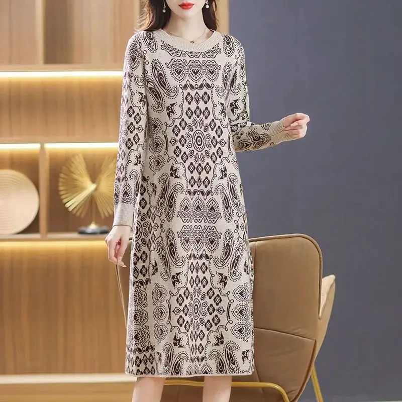 Feminino vintage impressão em torno do pescoço solto vestido floral primavera outono malha base camada vestido casual