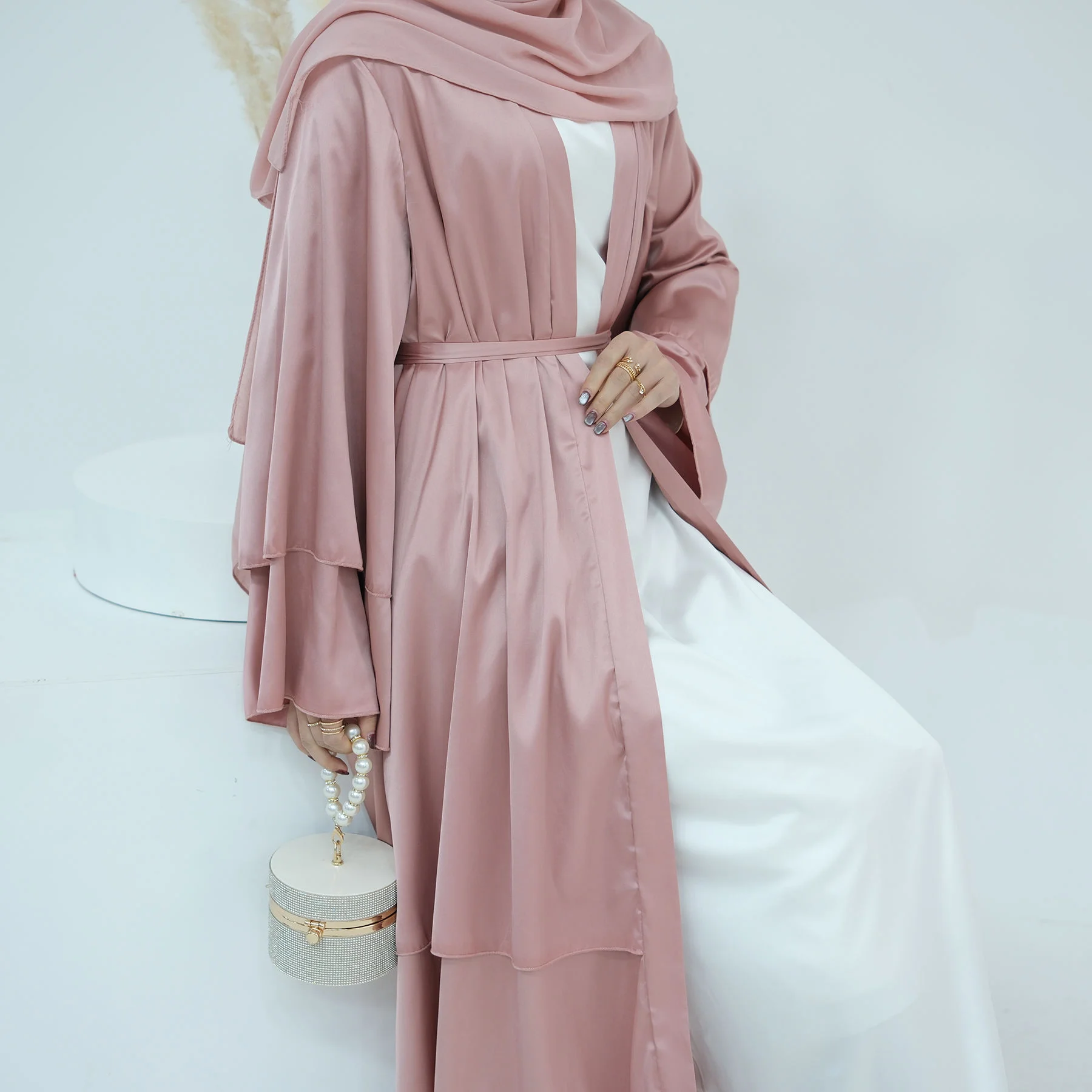

Satin Open Abaya Kimono Plain Muslim Abayas Women Dubai Turkey Hijab Dress Kaftan Robe Ramadan Islam Clothing Kebaya Jalabiya