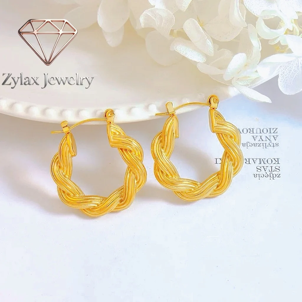 Zylax Jewelry Woven Twist Earrings Women's 24K Gold AU999 - Face-slimming twist design, woven highlight, for outings and parties
