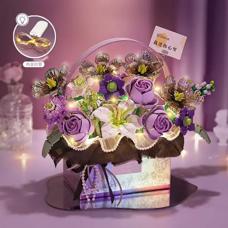 Creative Pink Rose Basket Bouquet Building Blocks for Girls Assembled Preserved Fresh Flower Teacher's Day Gift