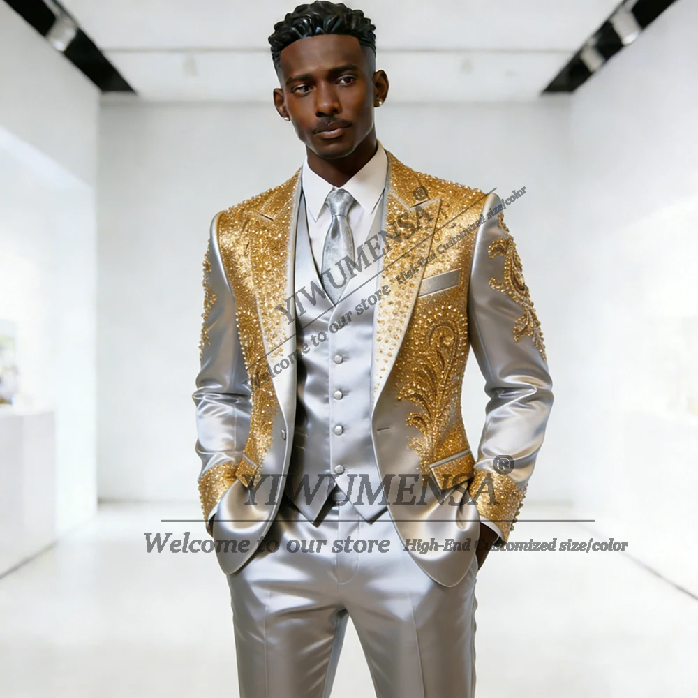 Beaded Stones Suit Attire For Men Floral Pattern Beaded Groom Wedding Tuxedos Customized 3 Piece Set Man Banquet Prom Blazers