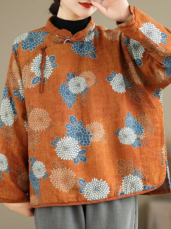 

Autumn Winter New Sle Chinese Sle Warm Cotton Linen Print Jaet Women's Button Svel Coat Thiened Long Sve rou...