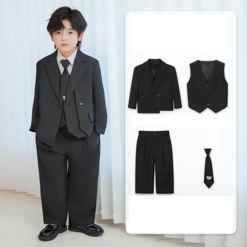 Gentleman Kids Khaki Cartoon Bear Suit Boys Wedding Birthday Photography Dress Children Piano Host Speech Performance Costume