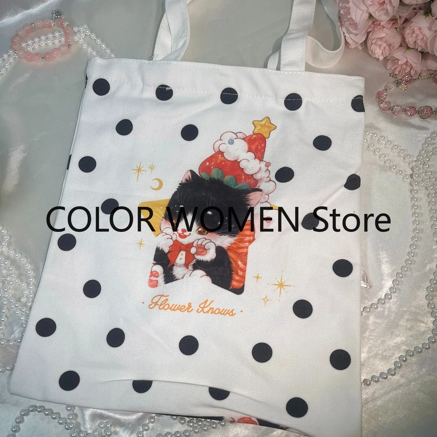Flower Knows White Polka Dot Cat Limited Edition Canvas Tote Bag