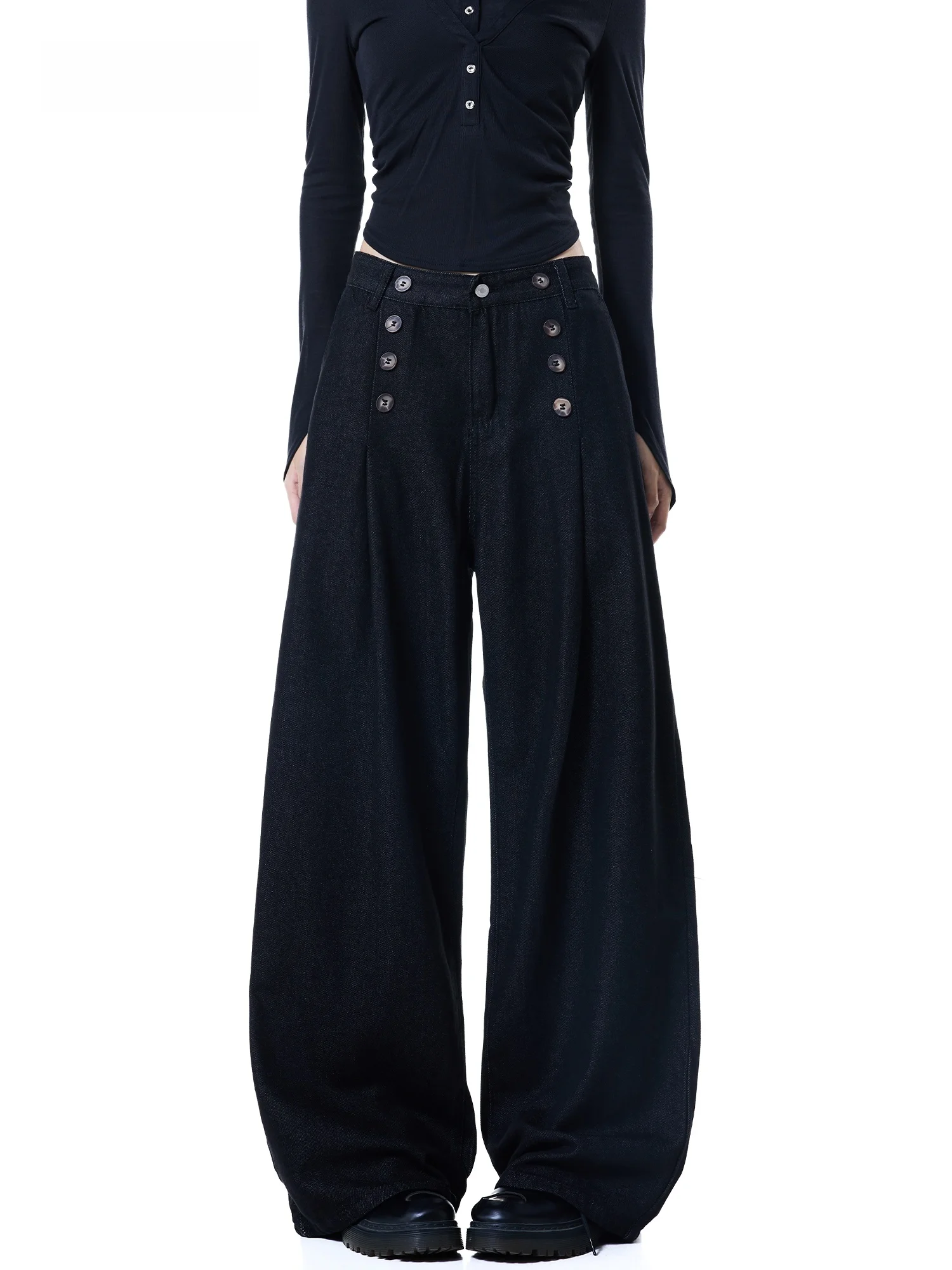 High Waist Wide Leg Black Button down Denim Jeans Women Loose Fitting Floor Length Slimming American Retro Style Autumn New